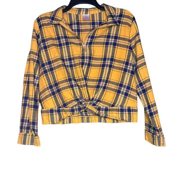 No Boundaries Yellow Plaid Crop Top Elastic Waist Collar Gold Zipper - Picture 1 of 4